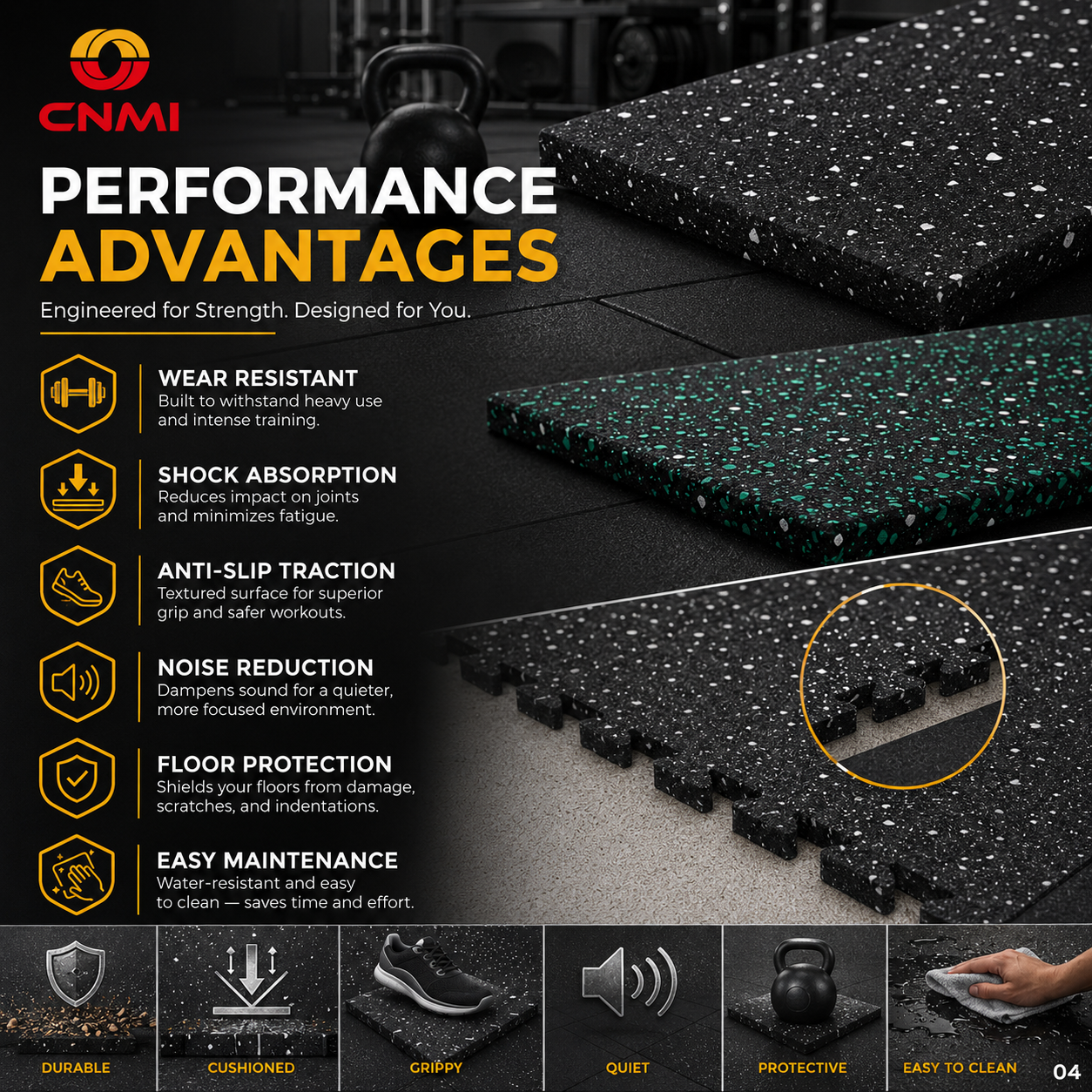 500*500*20mm Shock-absorbing Gym Rubber Mats Anti Slip Flooring | CNMI