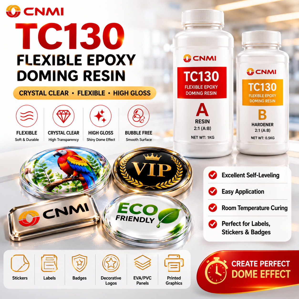 TC130 2:1 Crystal Clear Flexible Epoxy Doming Resin|CNMI